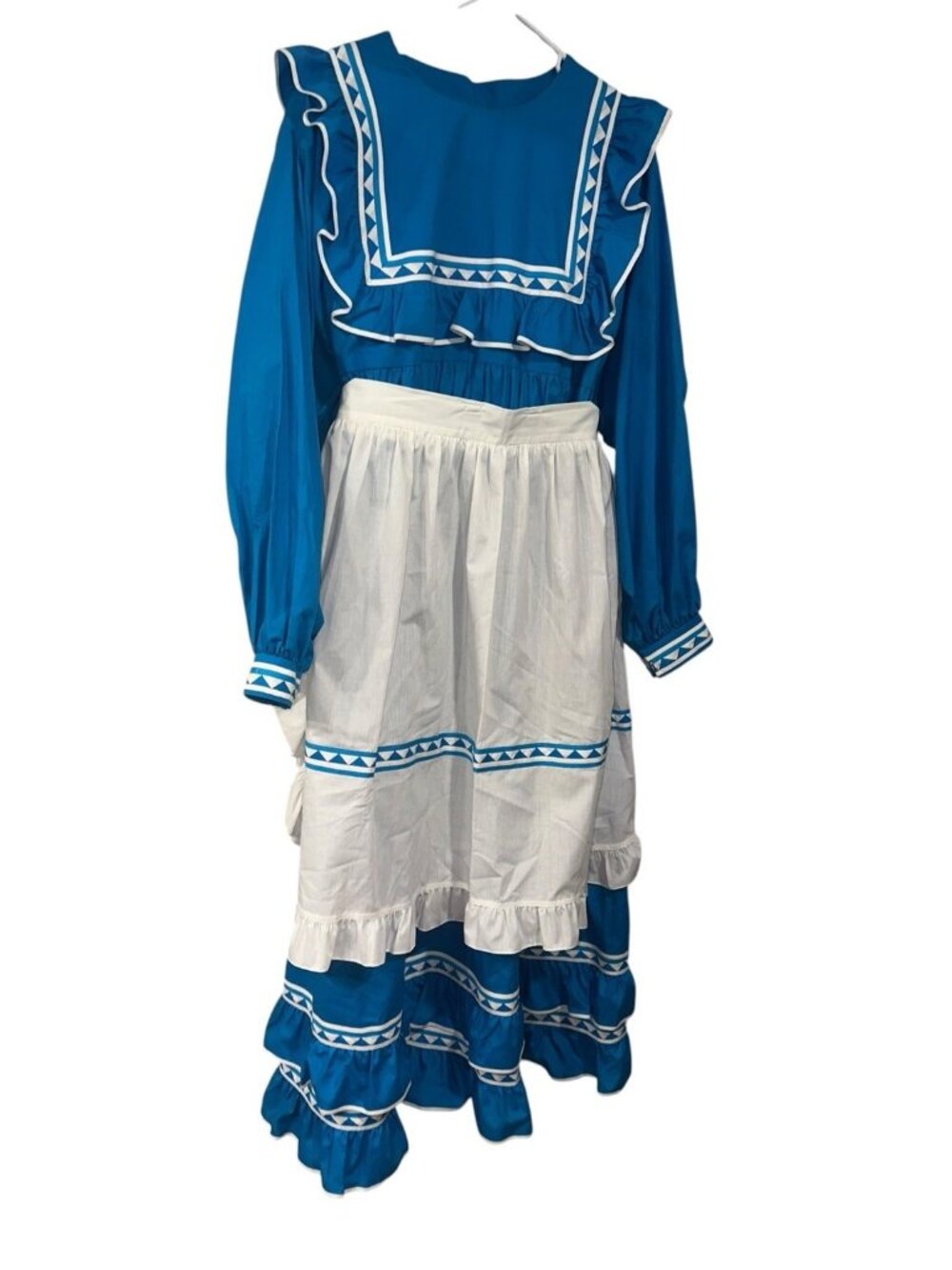 Tribal Fashions Choctaw Womenโs Dress W/apron Plus 2x 40โ Waist Blue White Trim